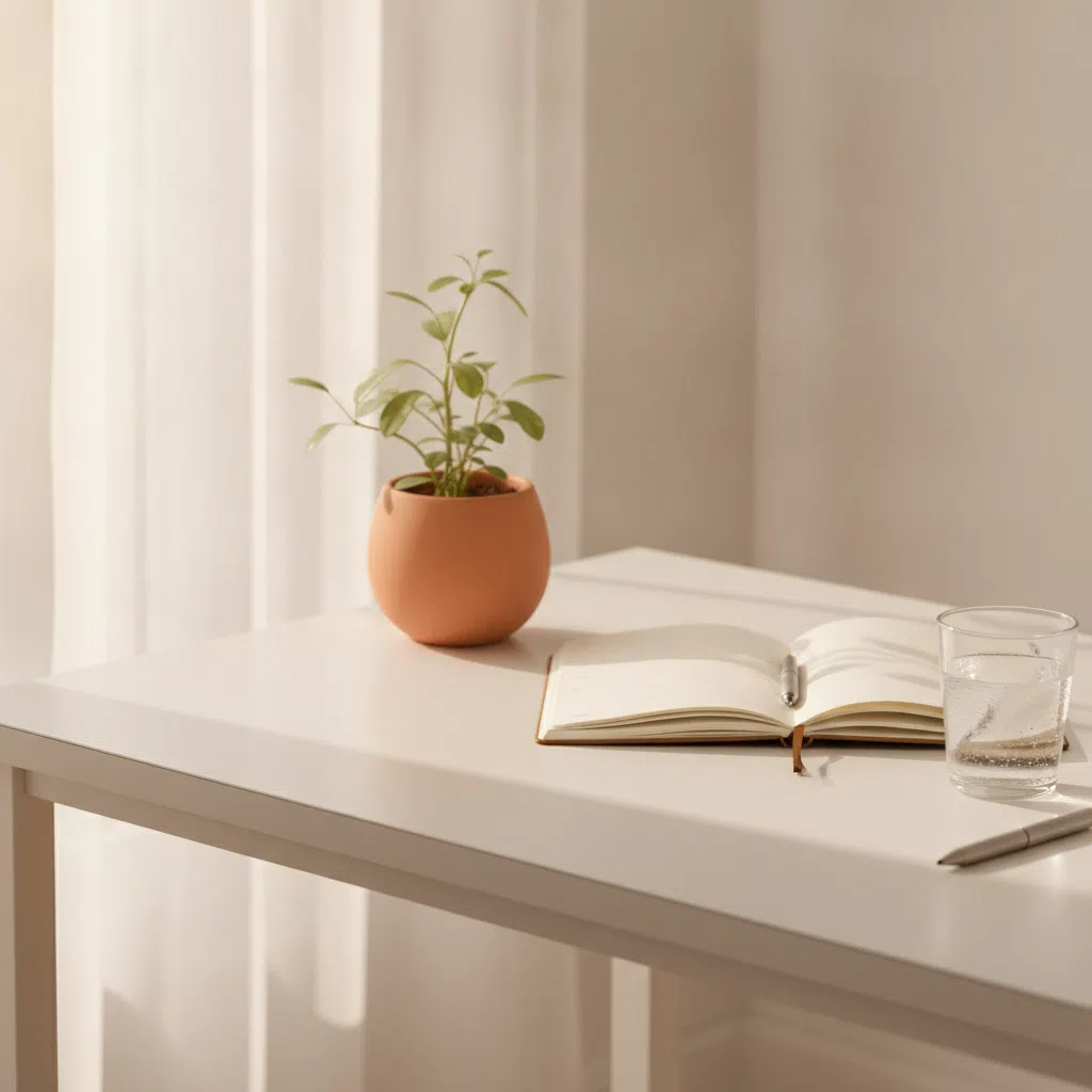 Lichte werkomgeving met een notitieboekje, potplant en een glas water op een bureau
