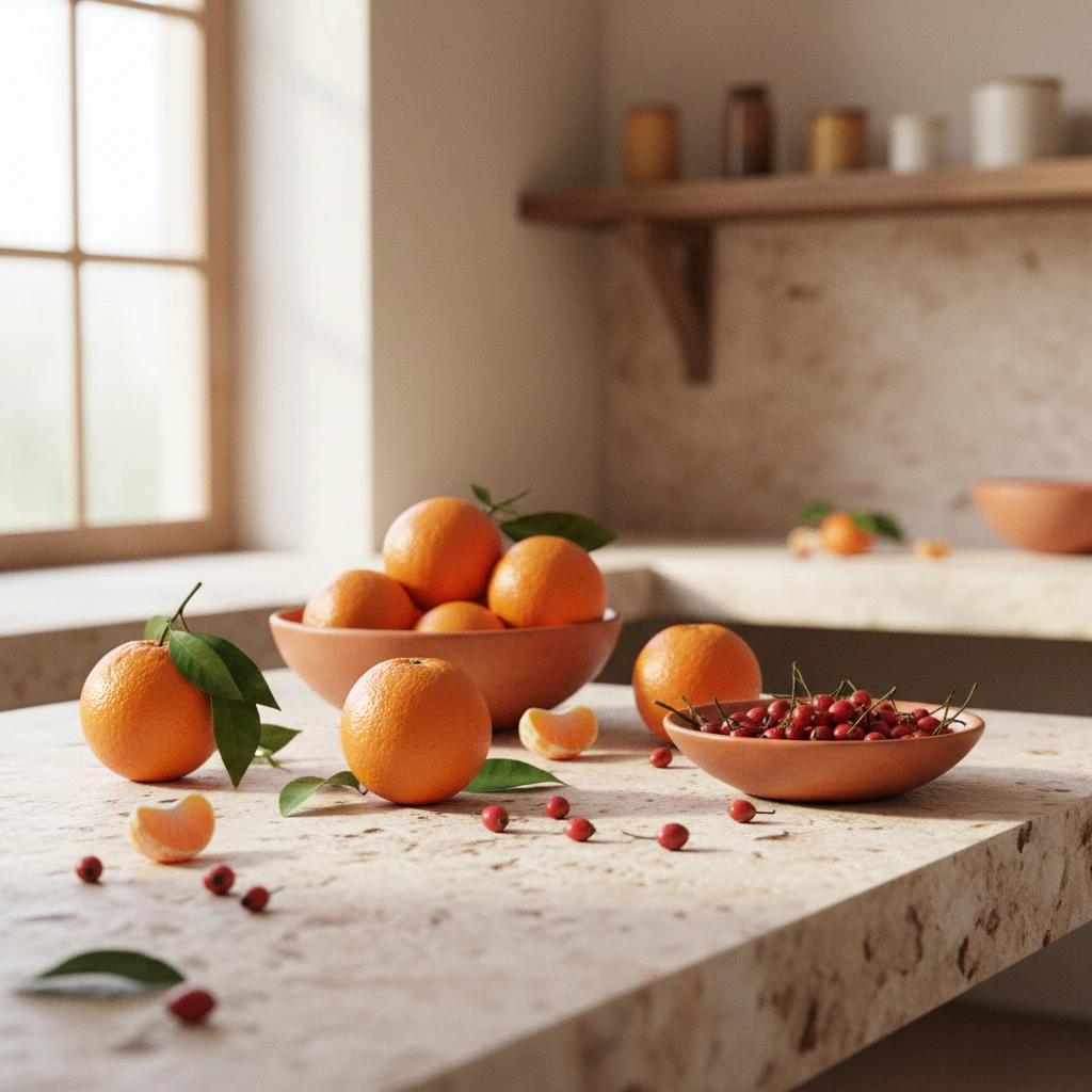 Verse sinaasappels en rozenbottels op een lichte stenen tafel - vitamine C bronnen