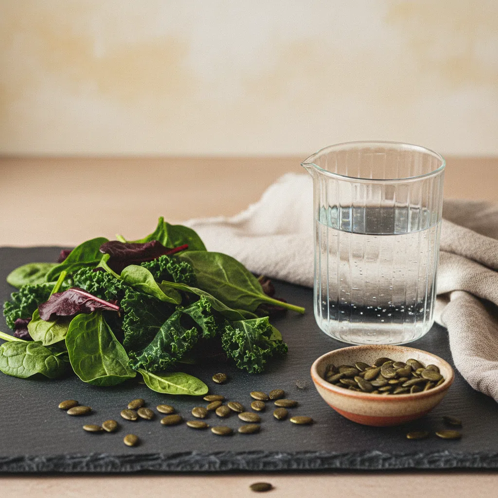 Pompoenpitten, donkere blaadjes en een glas mineraalwater op een lei ondergrond - magnesium bronnen
