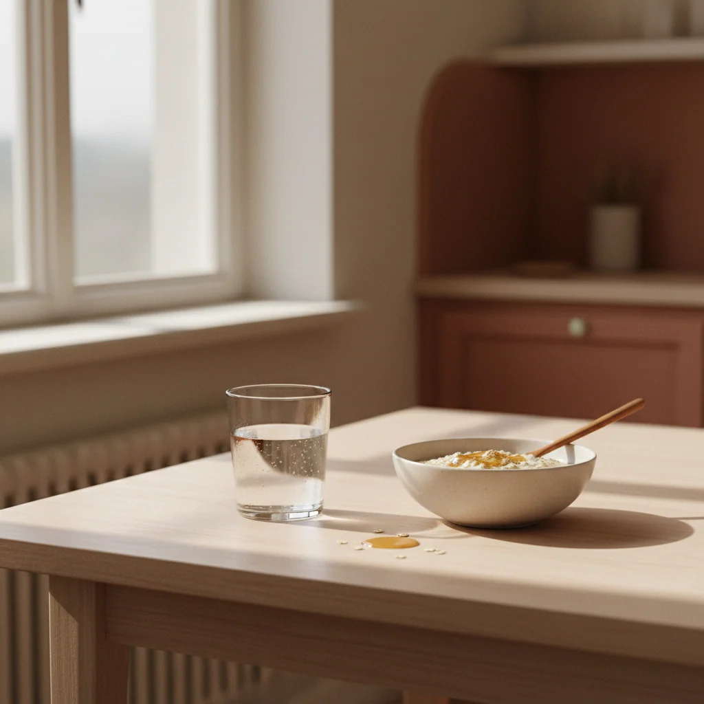Glas water en een kom haver op een lichte keukentafel bij het raam - ochtendroutine
